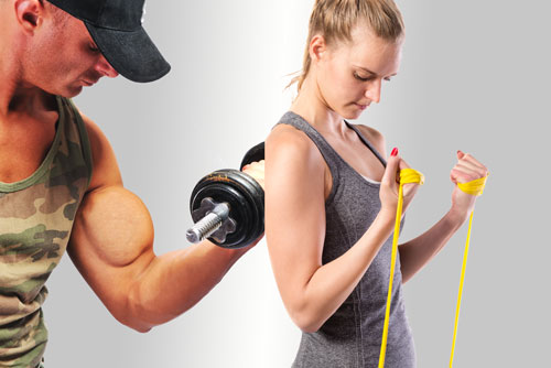 Man curling with dumbbell and woman curling with resistance bands