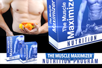 The Muscle Maximizer product boxes and a muxcular man holding fruit